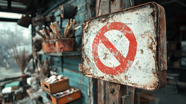 A weathered "No Entry" sign hangs in a rustic setting, surrounded by vintage tools and objects, conveying a sense of prohibition and nostalgia.