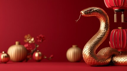 Luxurious golden snake coiled in a traditional Chinese New Year setting