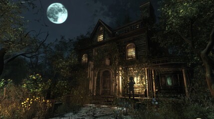 Spooky Abandoned House Under Full Moonlight in Eerie Night Scene