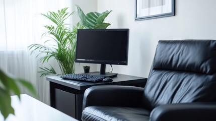 A modern workspace featuring a computer and a comfortable chair beside a plant.