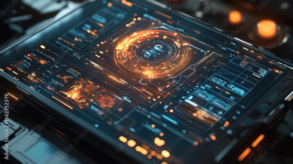 Poster ai and machine learning visuals with futuristic data on a tablet interface