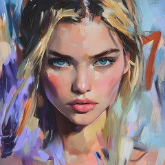 Obraz premium striking portrait of young woman with blue eyes and blonde hair, featuring vibrant brush strokes and colorful abstract background that enhances her features