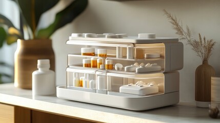 An intelligent medication organizer with digital reminders and sleek compartments, 8k, realistic, full ultra HD, high resolution, cinematic photography