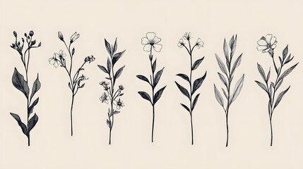 Naklejka premium Seven Monochrome Botanical Illustrations of Flowers and Leaves