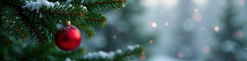 Obraz premium A single red ornament on a branch of evergreen tree, red, snowflakes, evergreen