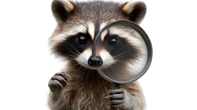 Cute raccoon holding a magnifying glass, exploring the world around it with curiosity