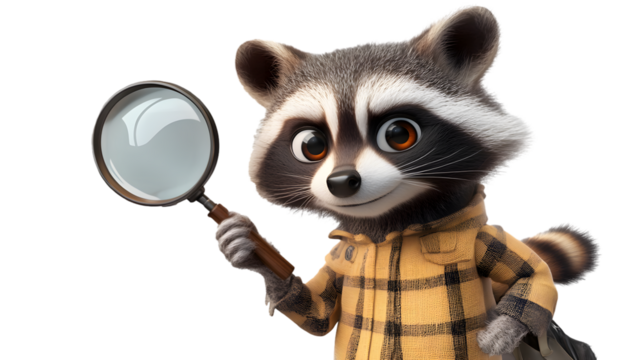 Cute raccoon holding a magnifying glass, playful illustration for kids and educational materials
