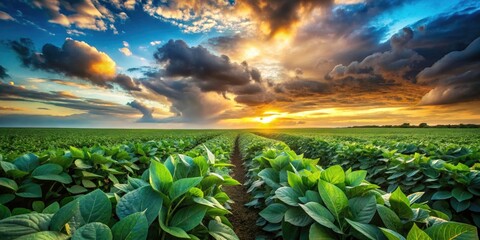 Stunning Double Exposure Photography of Soybean Fields with Dramatic Skies, Nature's Beauty, Agriculture Landscape, Greenery, Sustainable Farming, and Vibrant Color Blends