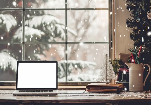 Computer,laptop with blank screen on snowfall in white.christmas winter backgrounds
