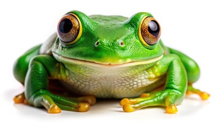 Obraz premium Stunning Green Tree Frog Isolated on White Background - Nature Photography, Amphibian, Wildlife, Macro, Animal Portrait, Bright Colors, Natural