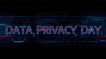 Data Privacy Day text illuminated with a futuristic digital design on a dark background