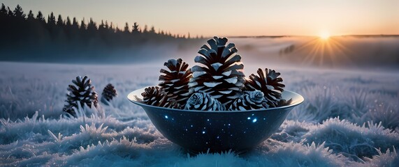 Frosted pinecones arranged in a bowl in a frosty meadow at sunrise under a sky filled with vibrant stars
