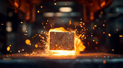 Fiery cube of metal being forged, sparks flying.