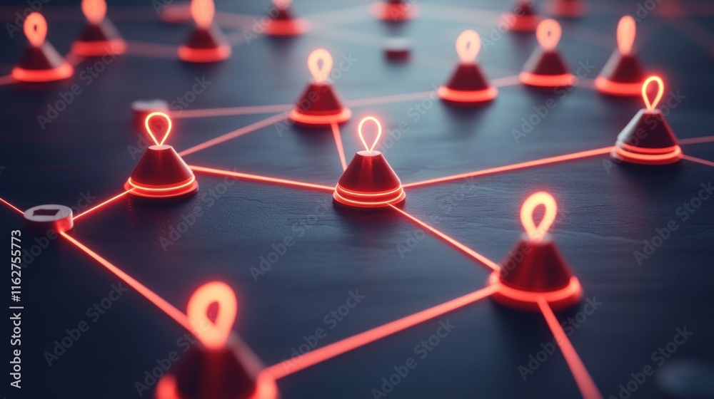 Poster a network of glowing nodes connected by lines, symbolizing data or communication systems.