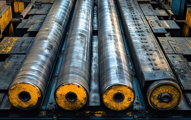Massive steel cylinders roll through industrial machinery, a mesmerizing display of heavy industry at work. The metallic sheen and powerful movement capture the essence of manufacturing.