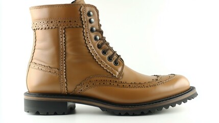 Classic Footwear. Brown leather brogue boot with black sole isolated o
