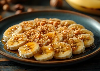 An elegant snack plate with banana slices and a dollop of peanut butter on top