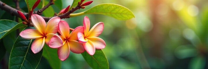 Obraz premium Exotic frangipani flowers hanging from the branches, tree, frangipani