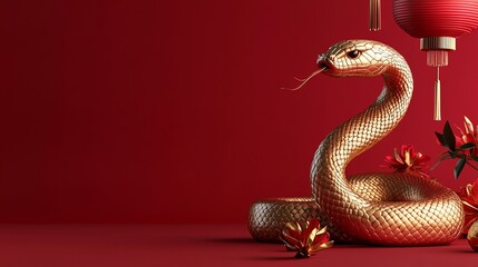 Traditional Chinese New Year design with golden snake and red lanterns