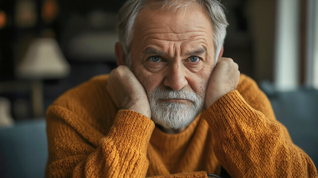 Lonely senior man looking depressed at home, elderly retired person feeling sad, unhappy widower portrait in living room