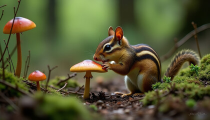 Obraz premium Chipmunk enjoys a delightful meal among vibrant mushrooms in a serene forest setting
