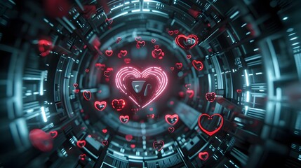 Valentine background with metallic heart icons, glossy textures, and a dark futuristic design
