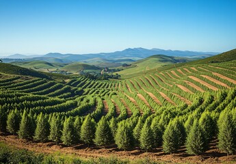 Scenic Hillside Rows of Lush Green Trees Plantation in Mountainous Landscape