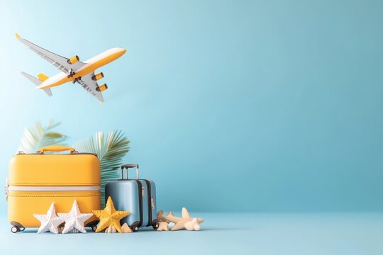 Exciting travel adventure luggage and airplane theme bright environment vacation spirit cheerful atmosphere - Powered by Adobe