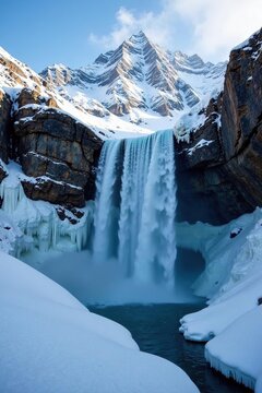 frozen waterfall on the slope of Nanga Parbat, frosty, scenery