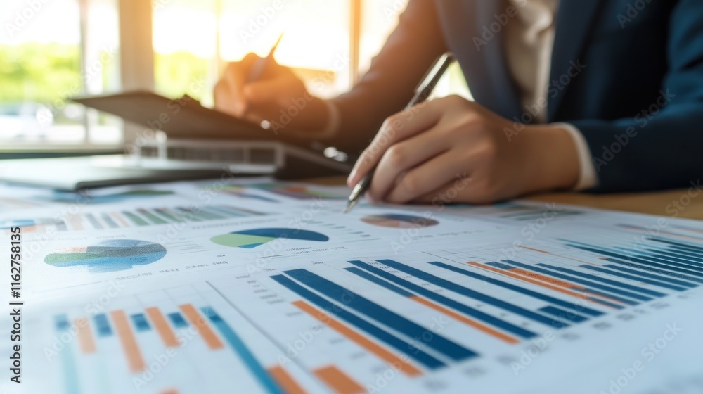 Poster a person analyzing charts and graphs on a table, focusing on data and strategy.