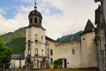 Fototapeta premium Sarrance, France. Small town in the Pyrenees-Atlantiques. The church of Notre-Dame houses the image of the Black Virgin, from the 16th century. XIV, focus of an important pilgrimage in the past
