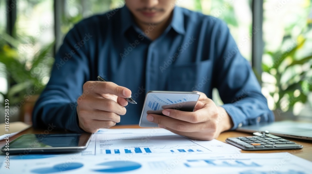 Poster a person analyzing data on a smartphone while reviewing charts and calculations at a desk.