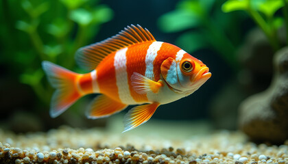 Fototapeta premium Colorful fish swimming gracefully among pebbles and greenery in a serene aquatic environment