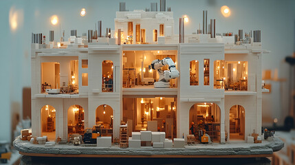 Illuminated model building under construction with robotic arm.