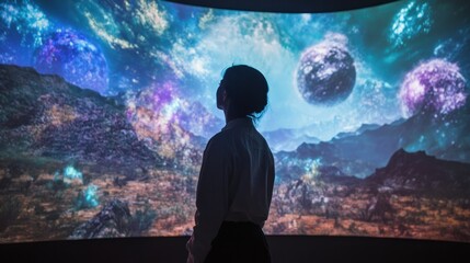 Fototapeta premium A person gazes at a vibrant cosmic landscape on a large screen, exploring the universe's beauty.