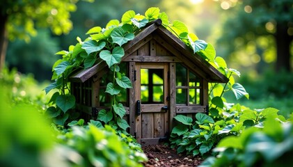 Overgrown vines entwine a small wooden greenhouse, organic, grow, twine