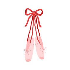 Pink ballet shoes clipart. Hanging pair of ballerina pointe shoes with red ribbon bow. Coquette ballet slippers for classic elegant dance. Hand drawn flat vector illustration © viairevi