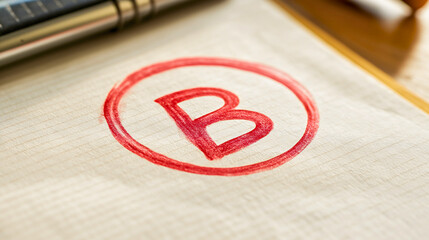School exam paper with B grade mark, red letter education test result, student performance evaluation symbol