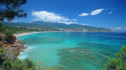 Fototapeta premium Stunning panoramic view of a turquoise coastal beach with clear water, mountains, and lush greenery under a bright sunny sky.