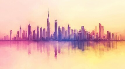 Dubai Skyline Watercolor Painting: A Serene Cityscape at Dawn