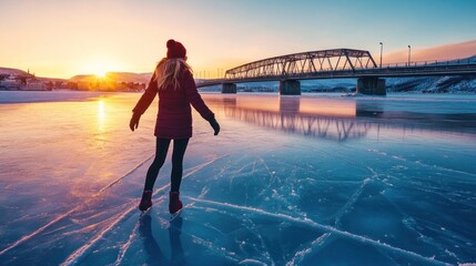 Fototapeta premium A person skating on a frozen lake at sunset, with a bridge in the background.
