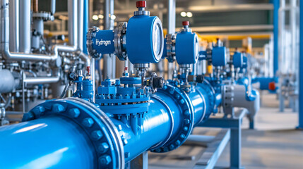 Obraz premium Close-Up of Hydrogen Pipes and Valves in Modern Industrial Facility Highlighting Sustainable Energy Infrastructure