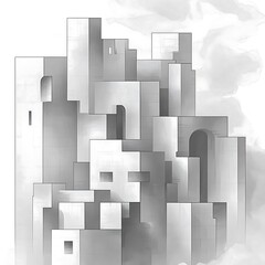 Obraz premium Abstract grayscale illustration of a city in the clouds, depicting various building structures.