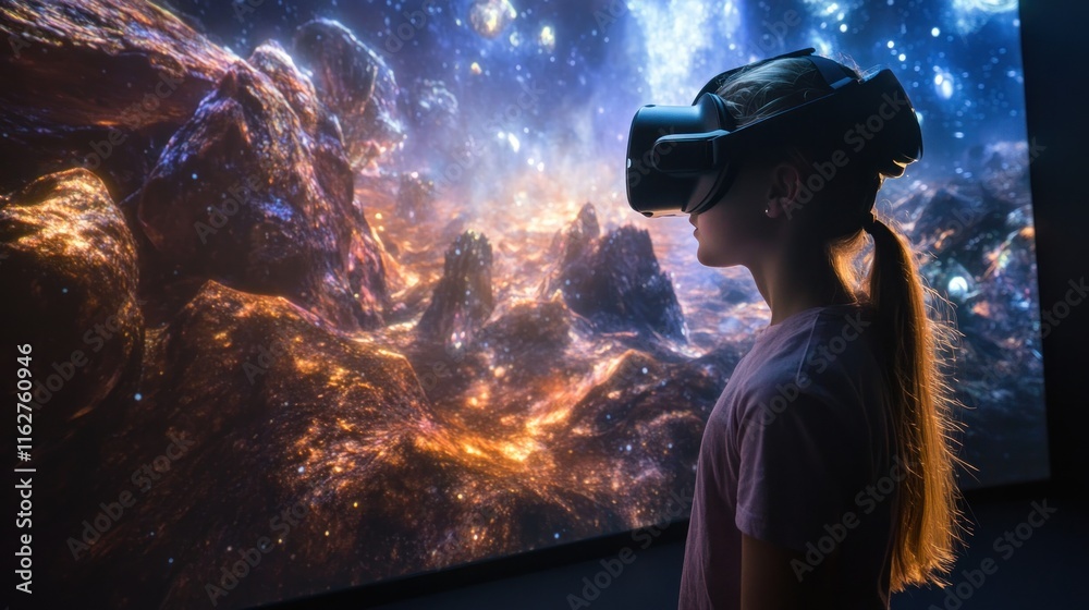 Poster A person using virtual reality headset, immersed in a cosmic landscape display.