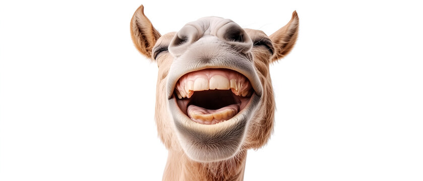 portrait of funny smiling donkey head isolated on white background; teeth focus