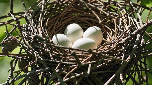 A natural bird's nest holding four white eggs, set among branches and illuminated by sunlight, creating a serene outdoor scene