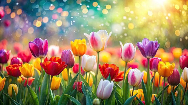 Vibrant Spring Tulip Field with Bokeh Effect - Colorful Impressionist Style Floral Art for Spring Decor and Nature Lovers