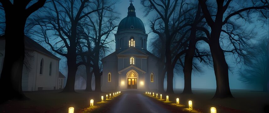An oil painting of a tree lined path leading to a historic church