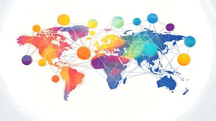Fototapeta premium Global network connection, colorful world map with interconnected nodes.