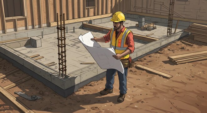detailed scene depicting construction workers actively building a house over architectural blueprints. The workers, wearing safety gear such as helmets and vests, are engaged in various tasks like mea